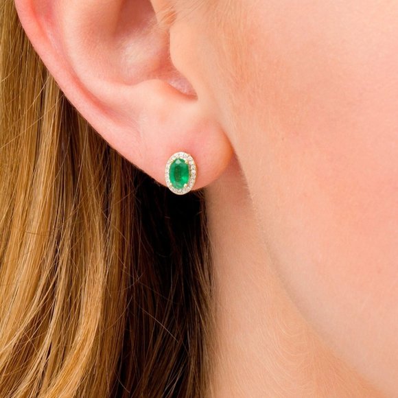 Jewelry - Oval Emerald 0.09cttw Diamond 14k Gold Frame Stub Earrings